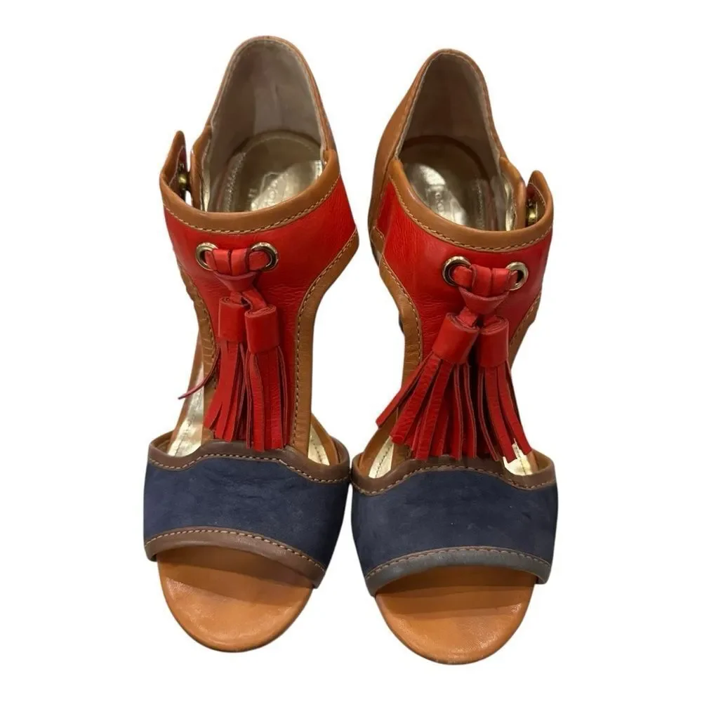 Coach Women's Tristen Tan Red Blue Heeled Tassel Heeled Leather Sandals 7